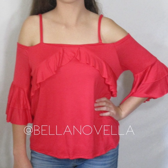Vanity Room Tops - Coral Ruffle Sleeve Cold Shoulder Top NWT